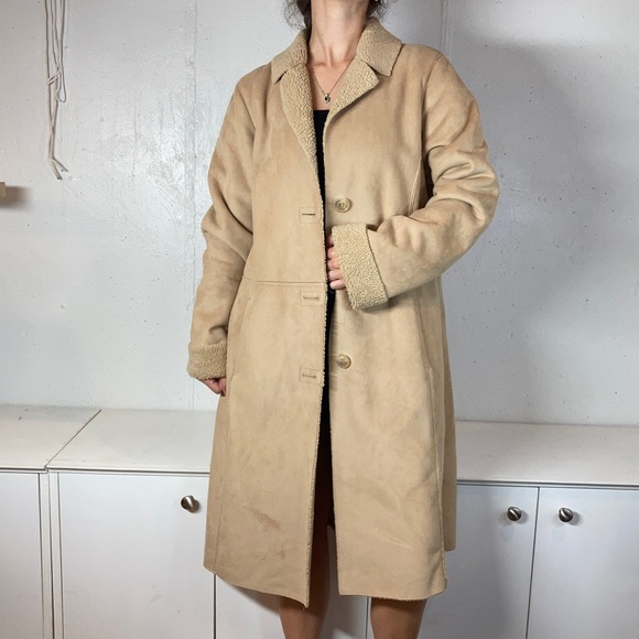 Old Navy Neutral Tan Penny Lane Faux Fur Lined Duster Full Length Coat - Picture 3 of 15